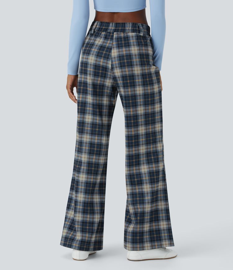High Waisted Plaid Wide Leg Casual Pants