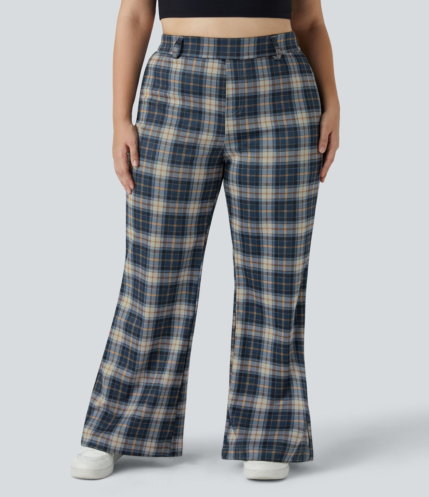 High Waisted Plaid Plus Size Wide Leg Casual Pants