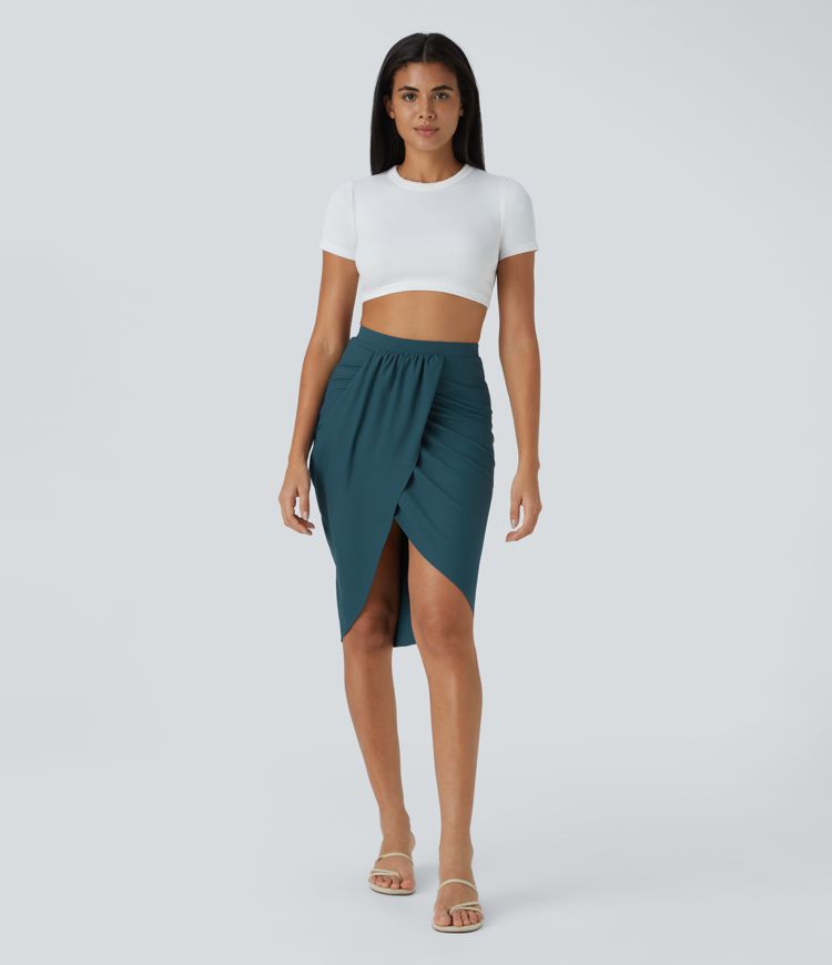 Falda casual asimétrica y drapeada 2 en 1 de tiro alto con bolsillo