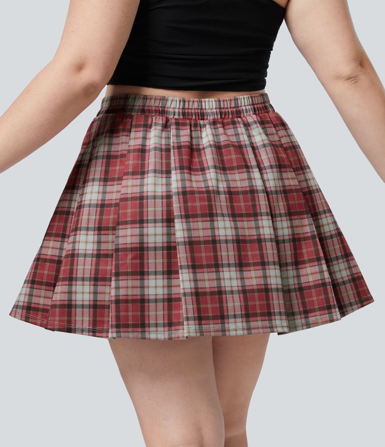 High Waisted 2-in-1 Pocket Plaid Pleated Mini Casual Plus Size Skirt