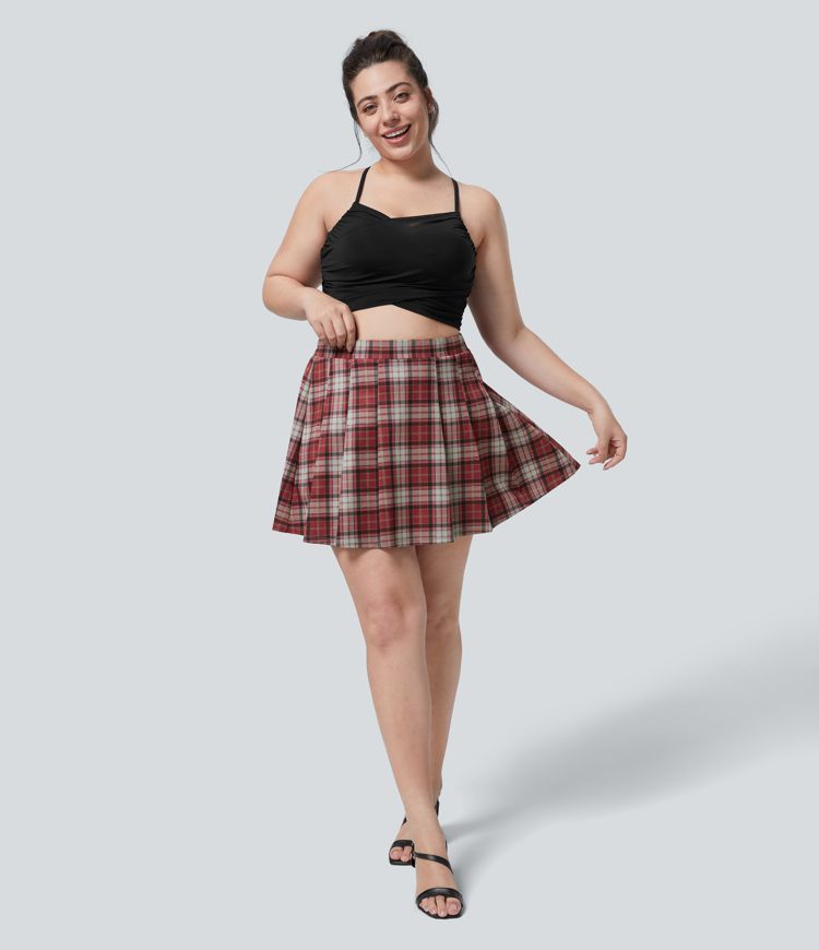 High Waisted 2-in-1 Pocket Plaid Pleated Mini Casual Plus Size Skirt