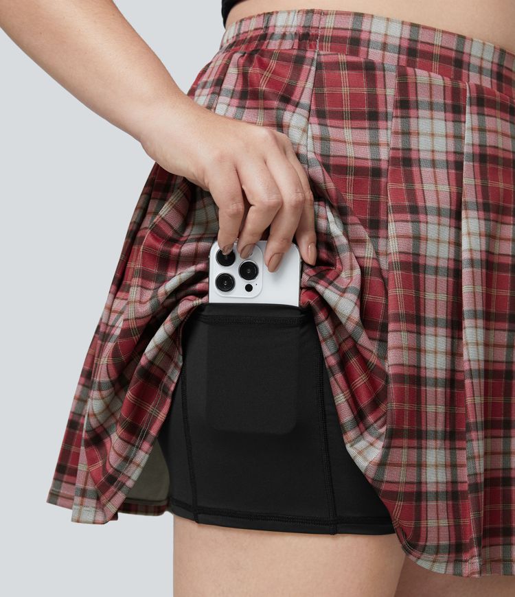 High Waisted 2-in-1 Pocket Plaid Pleated Mini Casual Plus Size Skirt