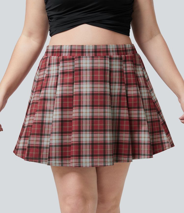 High Waisted 2-in-1 Pocket Plaid Pleated Mini Casual Plus Size Skirt
