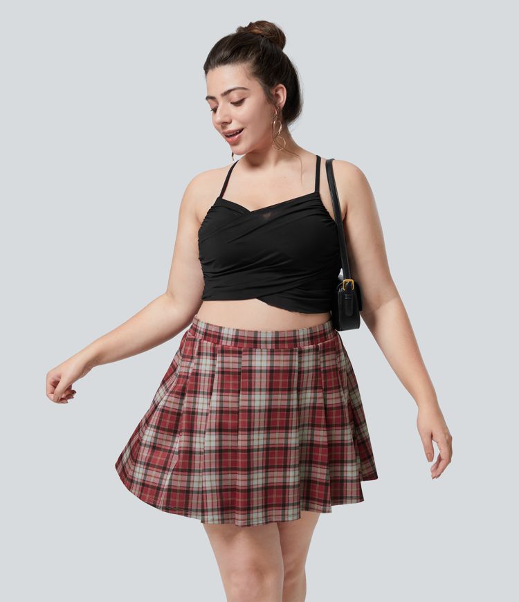 High Waisted 2-in-1 Pocket Plaid Pleated Mini Casual Plus Size Skirt