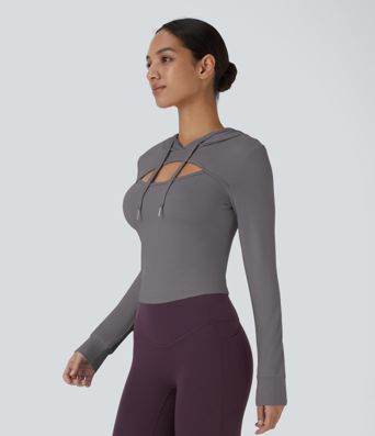 Hooded Drawstring Cut Out Casual Hoodie Sweatshirt