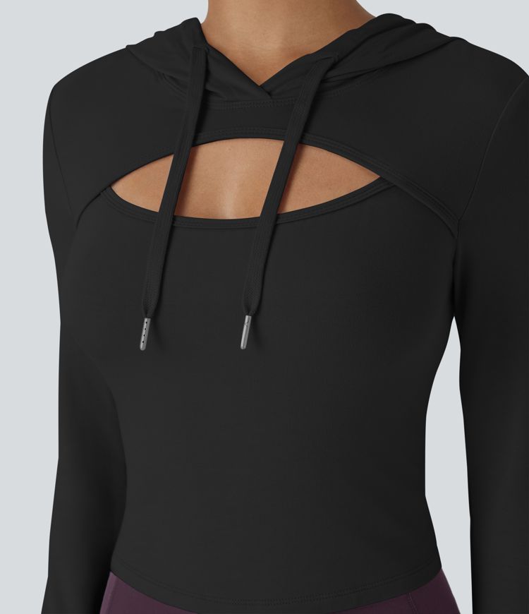 Hooded Drawstring Cut Out Casual Hoodie Sweatshirt