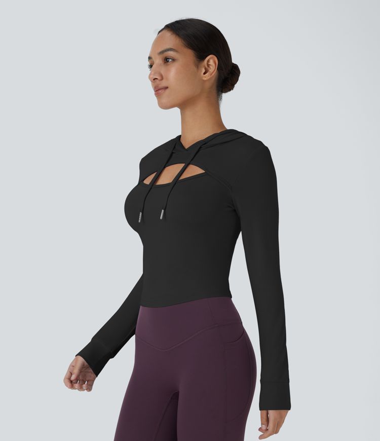 Hooded Drawstring Cut Out Casual Hoodie Sweatshirt