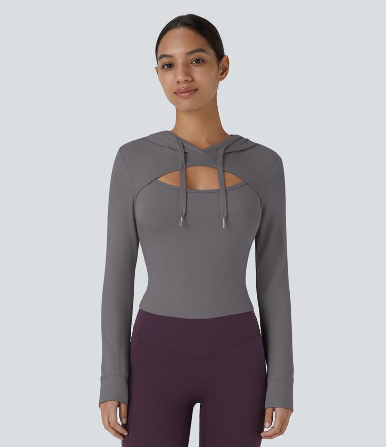 Hooded Drawstring Cut Out Casual Hoodie Sweatshirt