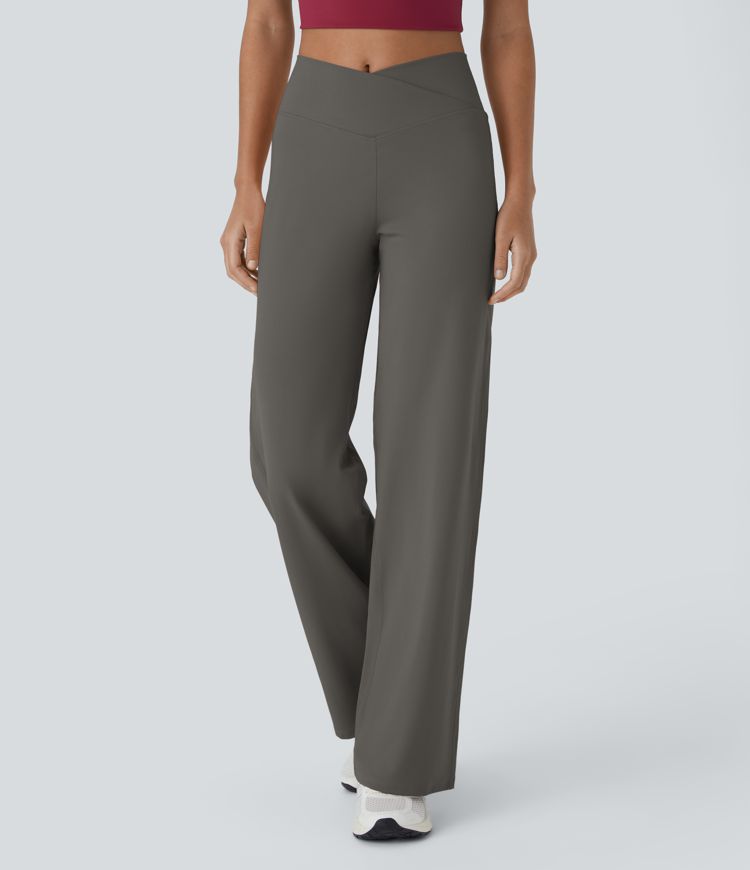 Crossover High Waisted Back Pocket Wide Leg Yoga Pants