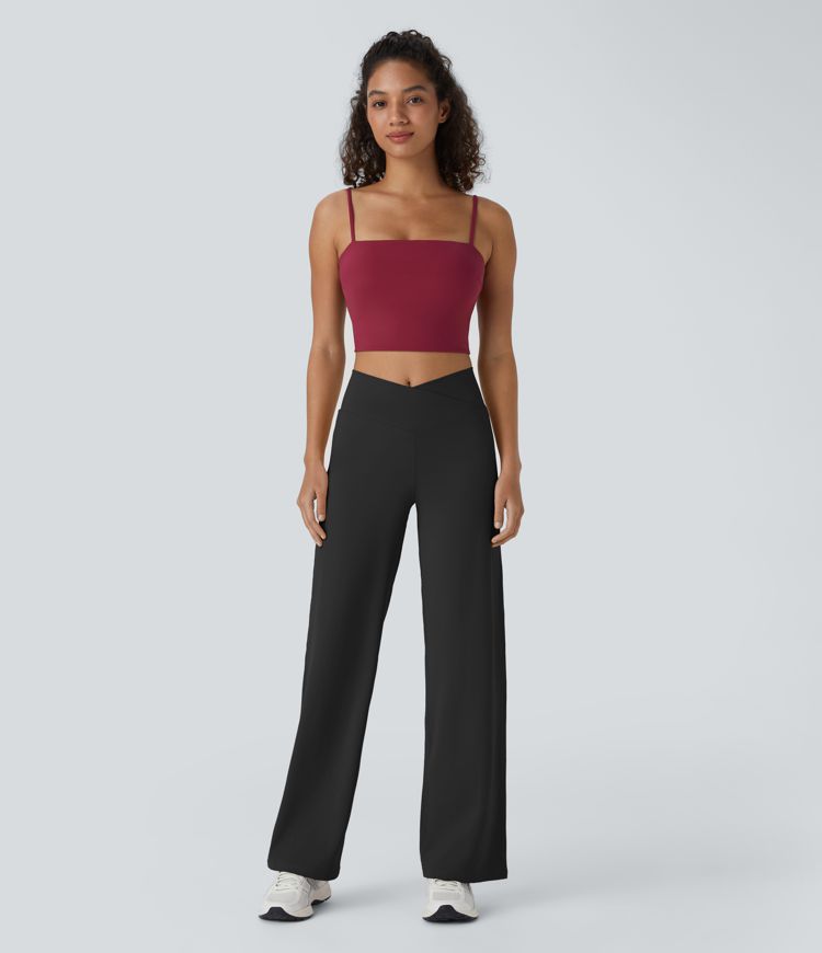 Pantalón ancho de tiro alto con cintura cruzada y bolsillo invisible