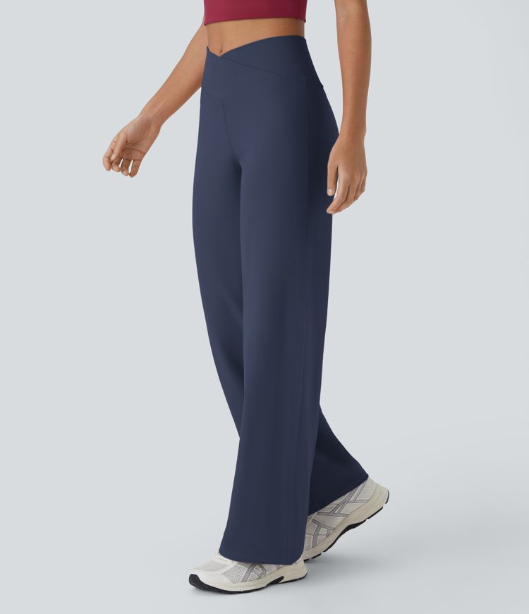 Crossover High Waisted Back Pocket Wide Leg Yoga Trousers