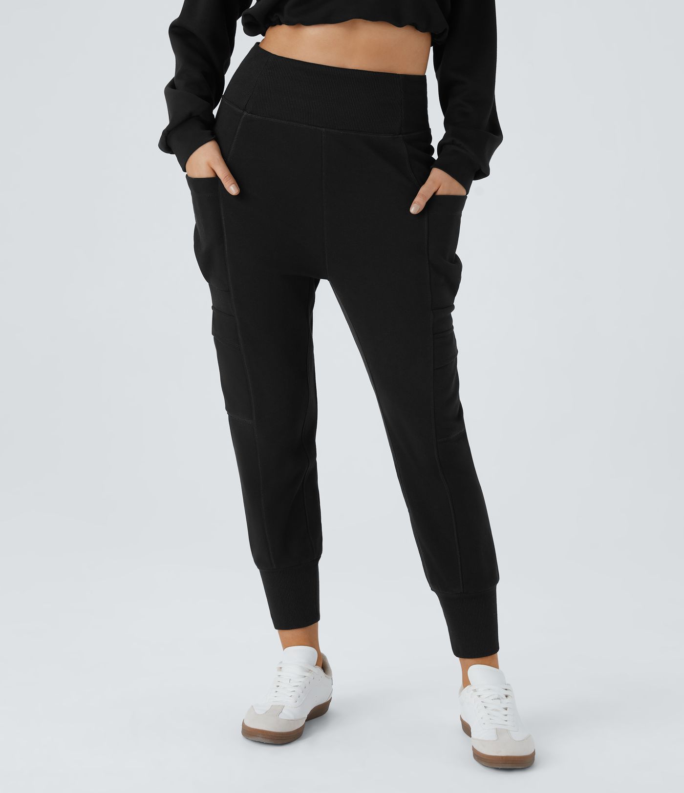 High Waisted Foldover Pocket Harem Fleece Casual Cargo Joggers High Waisted Foldover Pocket Harem Fleece Casual Cargo Joggers