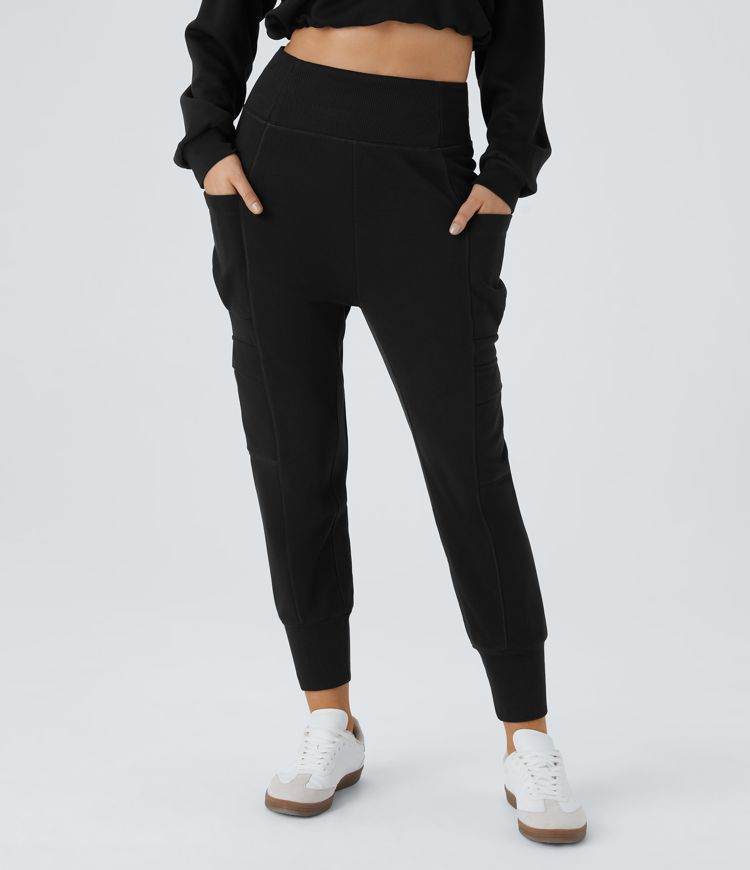 High Waisted Foldover Pocket Harem Fleece Casual Cargo Joggers High Waisted Foldover Pocket Harem Fleece Casual Cargo Joggers
