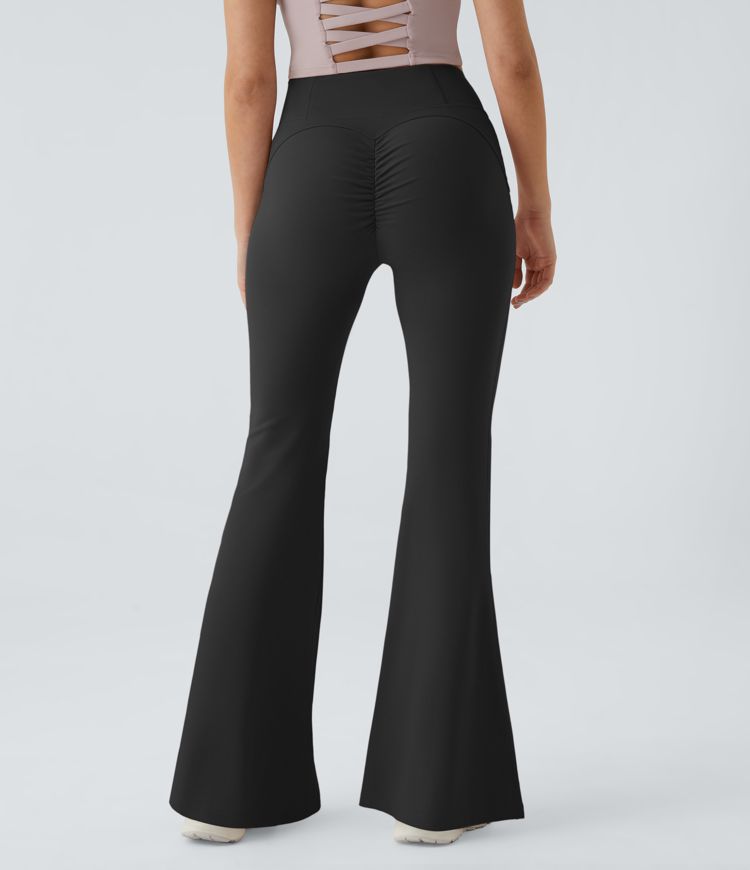 Softlyzero™ Plush High Waisted Crossover Back Pocket Ruched Butt Lifting Super Flare Yoga Leggings