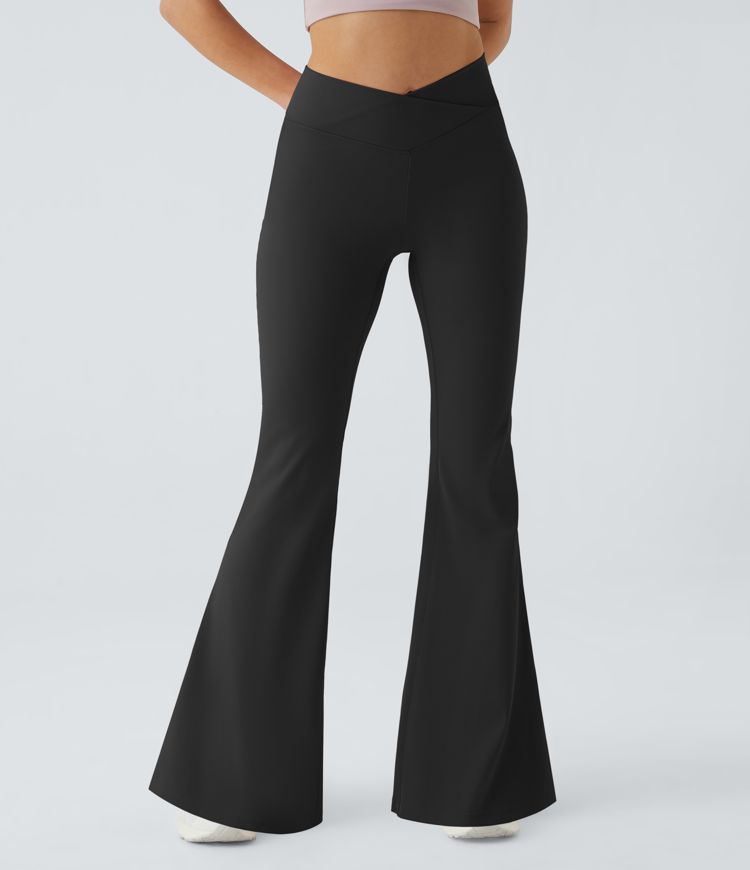 Softlyzero™ Plush High Waisted Crossover Back Pocket Ruched Butt Lifting Super Flare Yoga Leggings