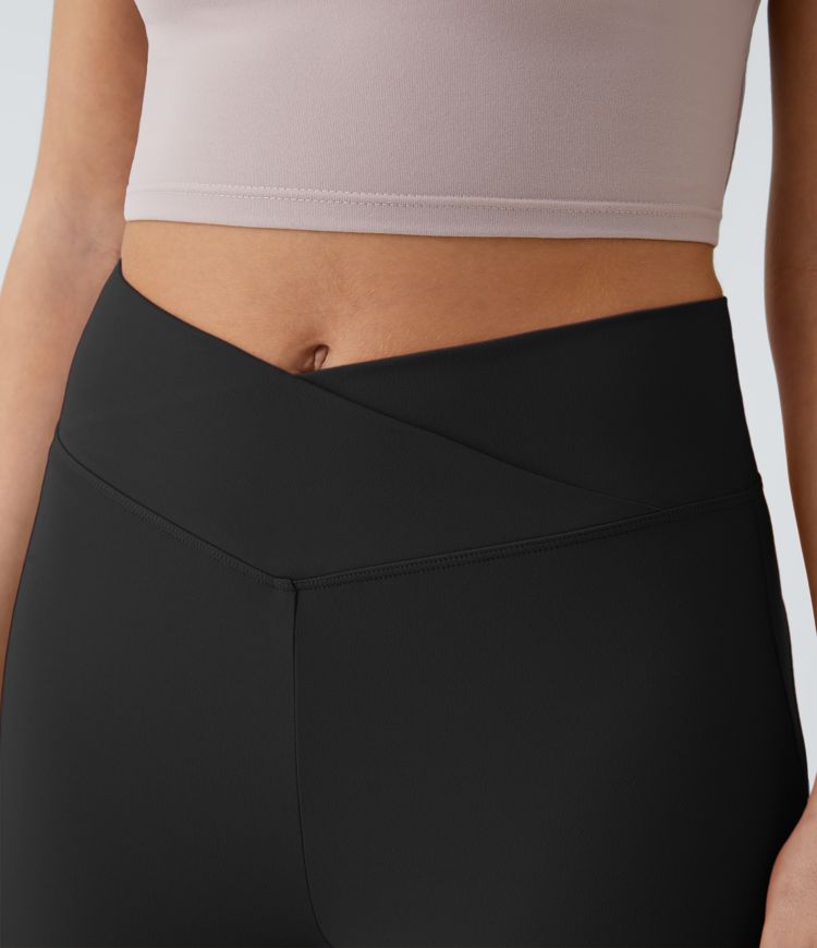 Softlyzero™ Plush High Waisted Crossover Back Pocket Ruched Butt Lifting Super Flare Yoga Leggings