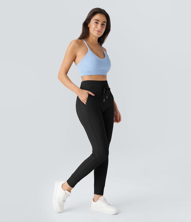 Patitoff® Flow Pet Hair Resistant High Waist Drawstring Side Pocket Solid Full Length Jogger