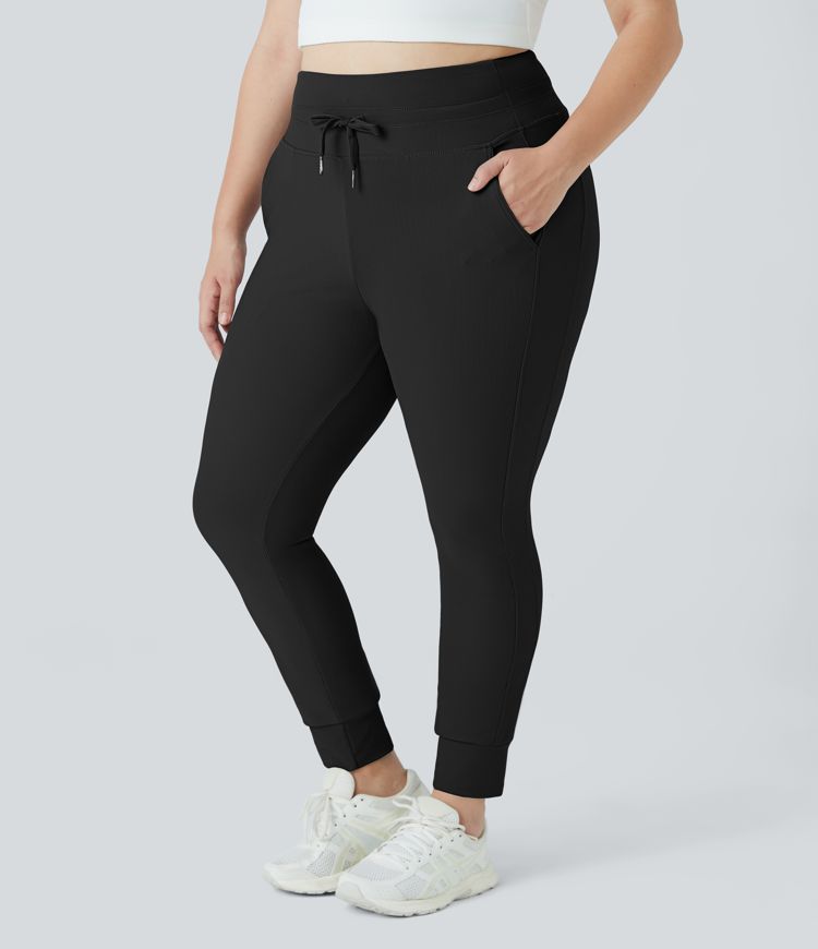 Black Patitoff™ Flow Jogging Longueur Complet Unis Grande Taille Résistants aux Poils d'Animaux à Taille Haute avec Cordon de Serrage et Poches Latérales / 1