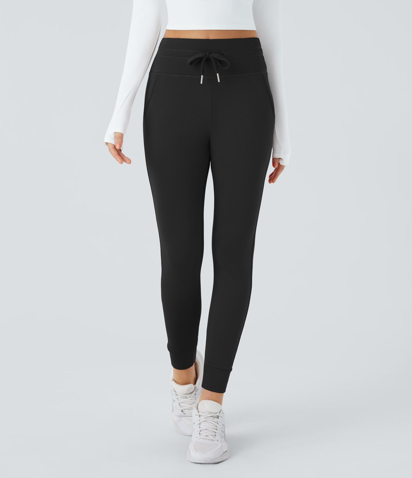 Einfarbige, lässige Thermo-Jogginghose aus 3D-Fleece mit hohem Bund, Kordelzug und Seitentaschen