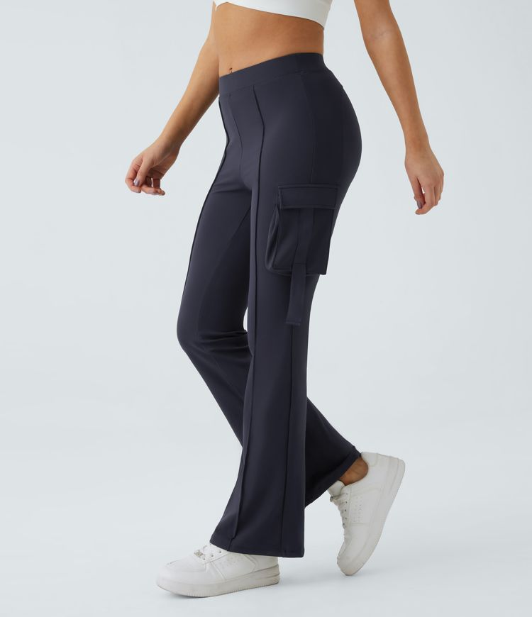 パンツ SIDE PLEATS FLARED CARGO PANTS Women's High Waisted Side Flap Pocket Flare Casual Cargo