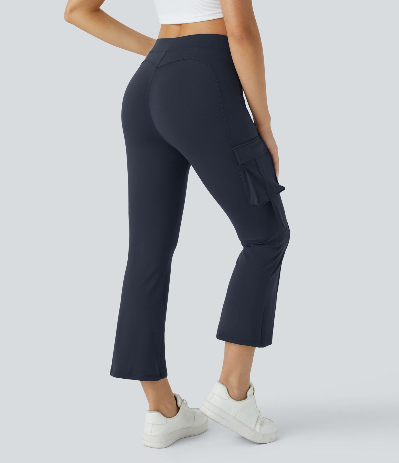 High-waist side flap pocket capri cargo slight flare casual pants