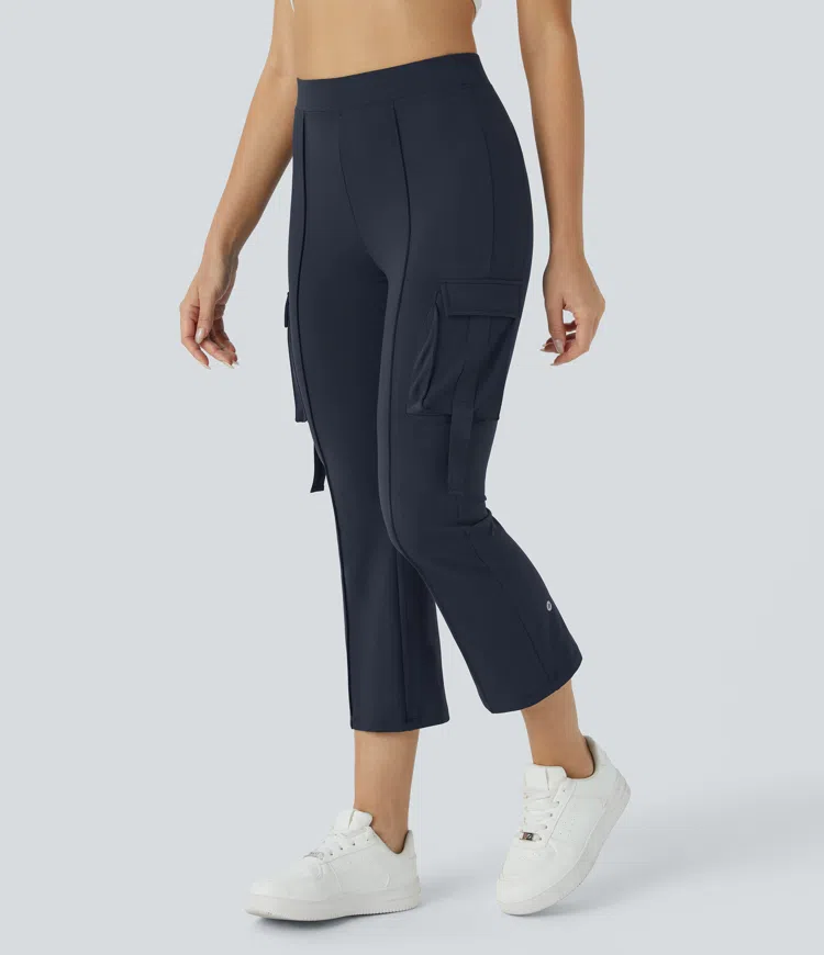 High waist side flap pocket capri cargo slight flare casual pants