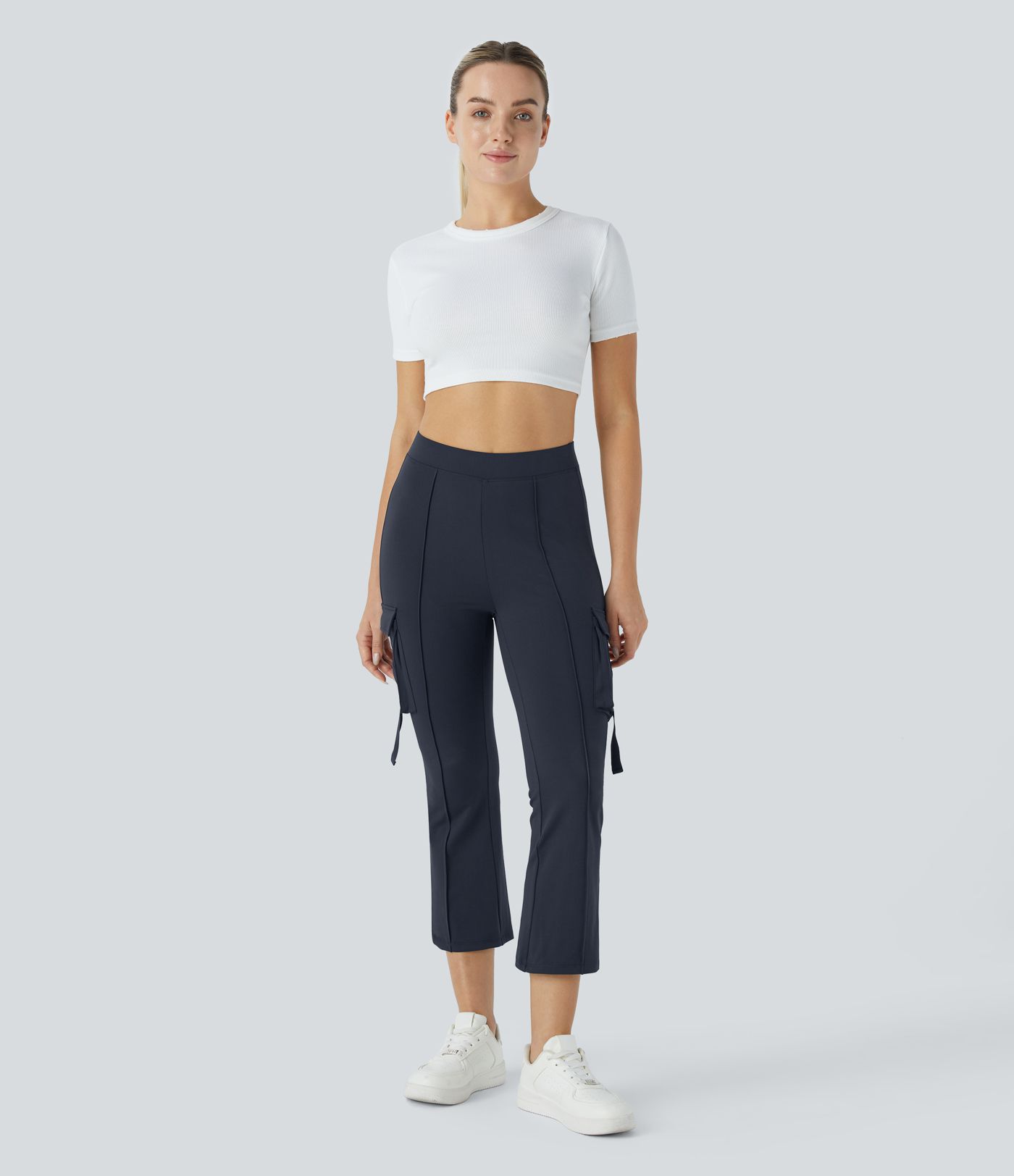 High-waist side flap pocket capri cargo slight flare casual pants
