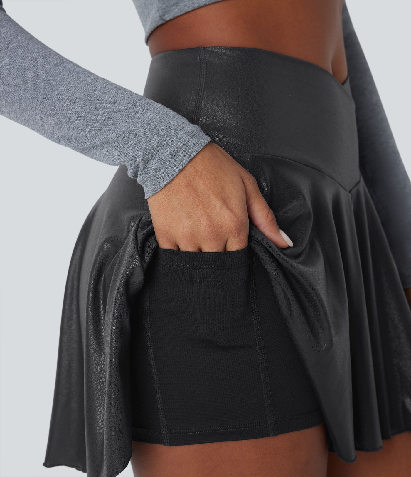 Softlyzero™ Jupe Évasée en Tissu Enduit à Taille Haute Croisée 2 en 1 avec Poches Latérales et Imprimé Métallisé Extensible