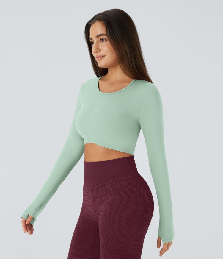 Softlyzero™ Plush Thumbhole Crossover Hem Cropped Yoga Sport Top