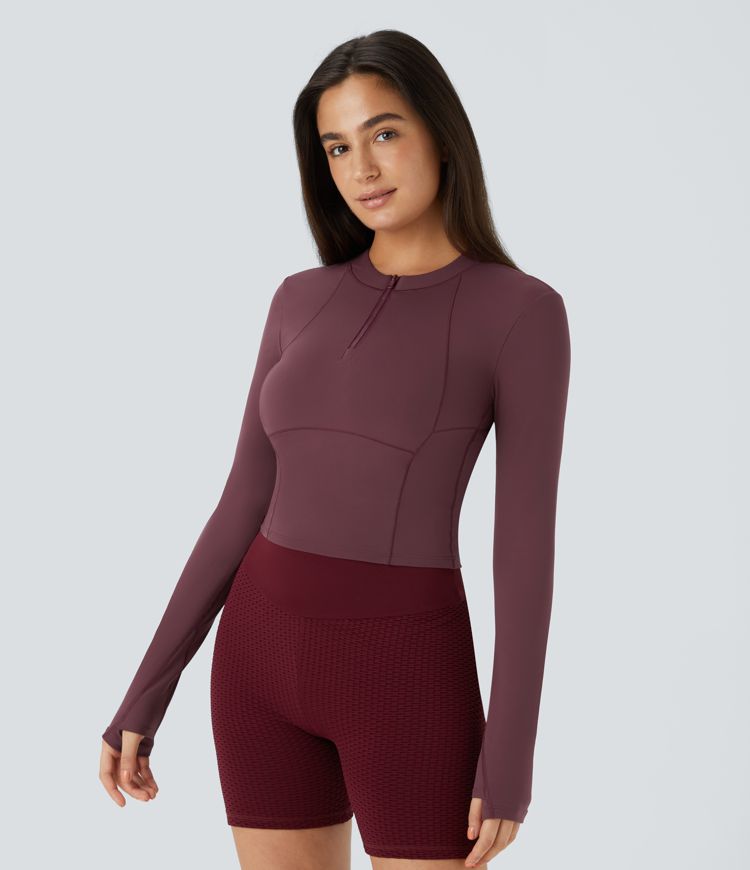 Softlyzero™ Plush Half Zip Long Sleeve Thumb Hole Cropped Golf Sports Top