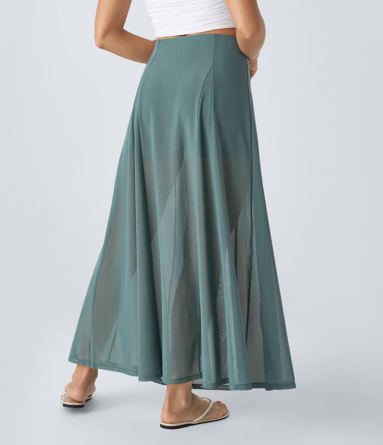 Falda acampanada 2 en 1 malla transparente tiro alto