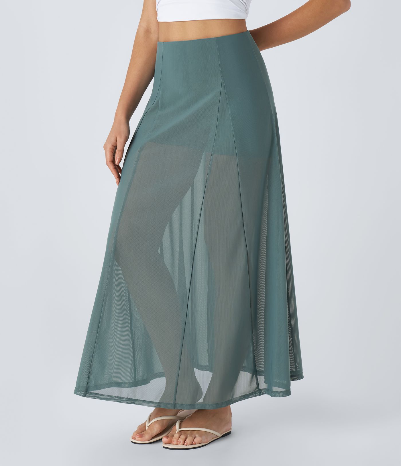 Falda acampanada 2 en 1 malla transparente tiro alto