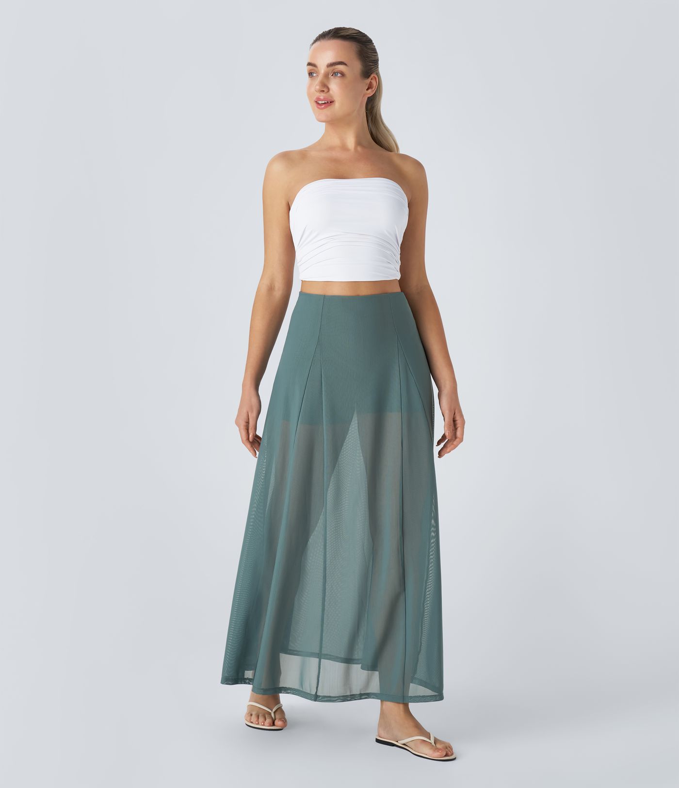 Falda acampanada 2 en 1 malla transparente tiro alto