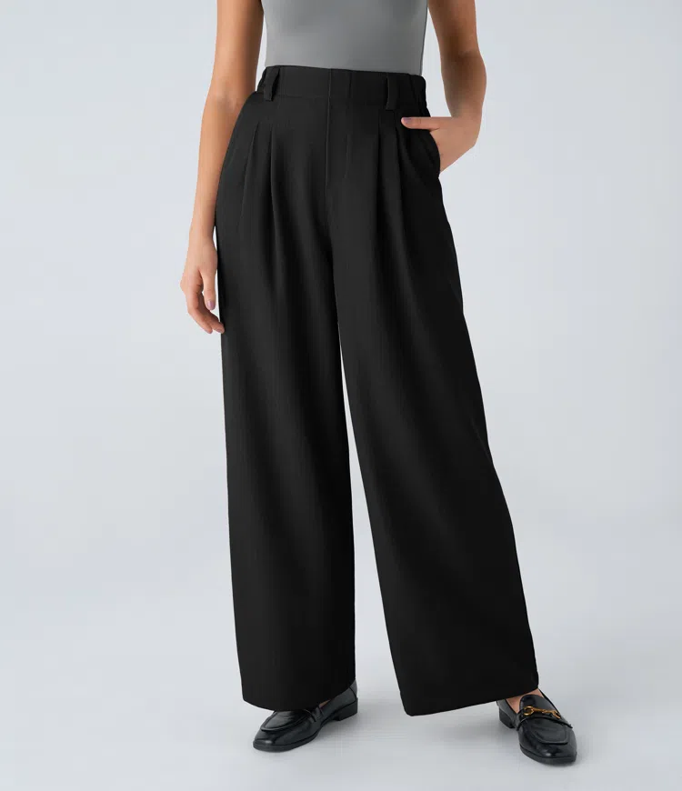 High waist application side pocket wide leg work pants