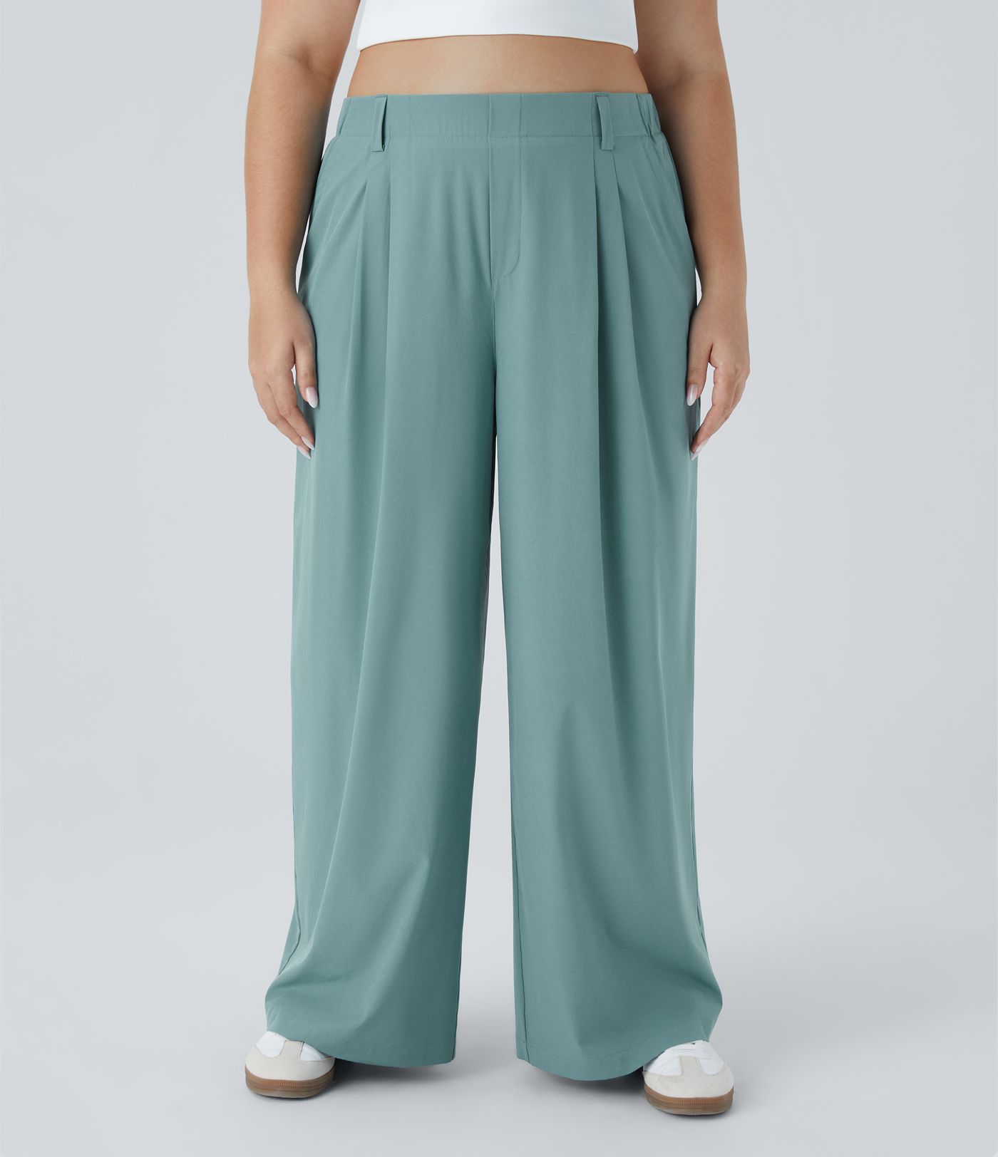 Breezeful™ High Waisted Side Pocket Wide Leg Flowy Solid Palazzo Quick Dry Casual Plus Size Trousers