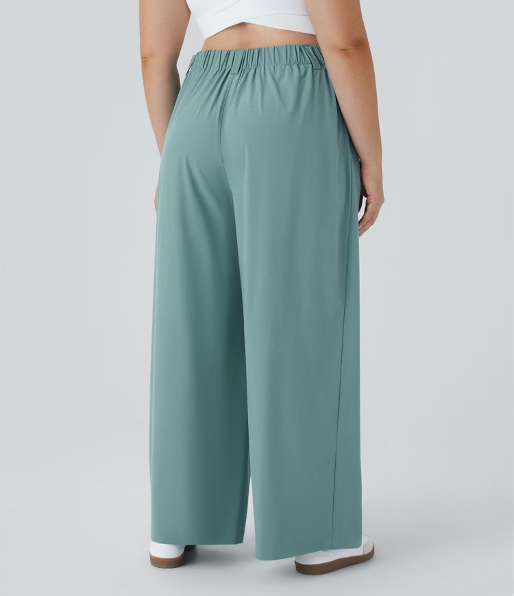 Pantalón Breezeful™ talla grande tiro alto bolsillo lateral plisado pierna ancha palazzo sólido fluido secado rápido