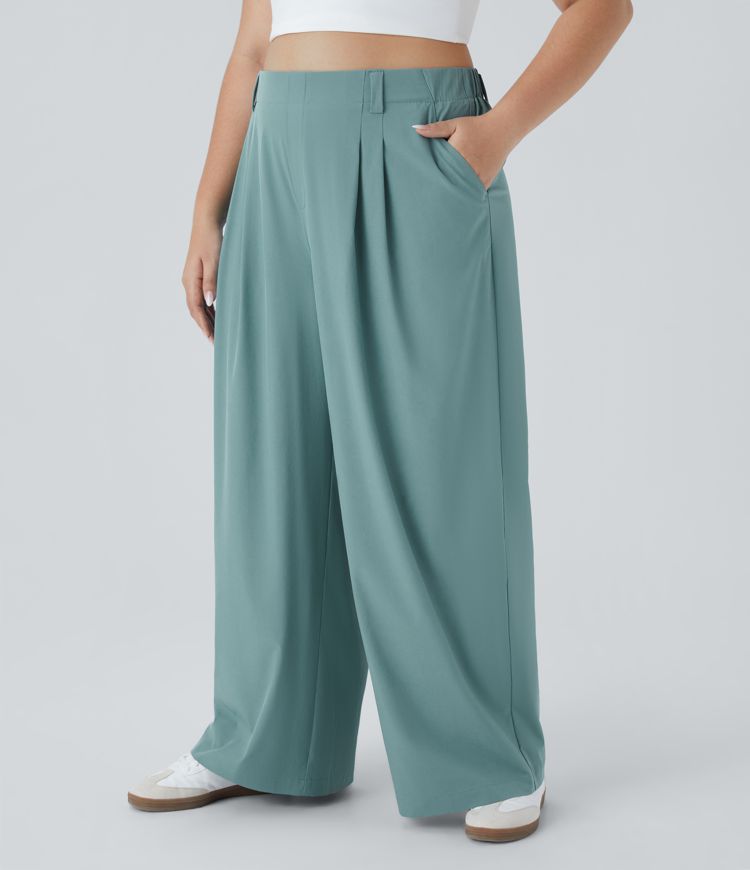 Breezeful™ High Waisted Side Pocket Wide Leg Flowy Solid Palazzo Quick Dry Casual Plus Size Pants
