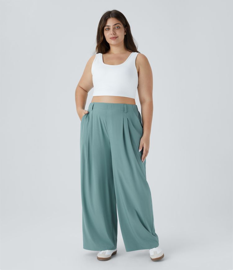 Pantalón Breezeful™ talla grande tiro alto bolsillo lateral plisado pierna ancha palazzo sólido fluido secado rápido
