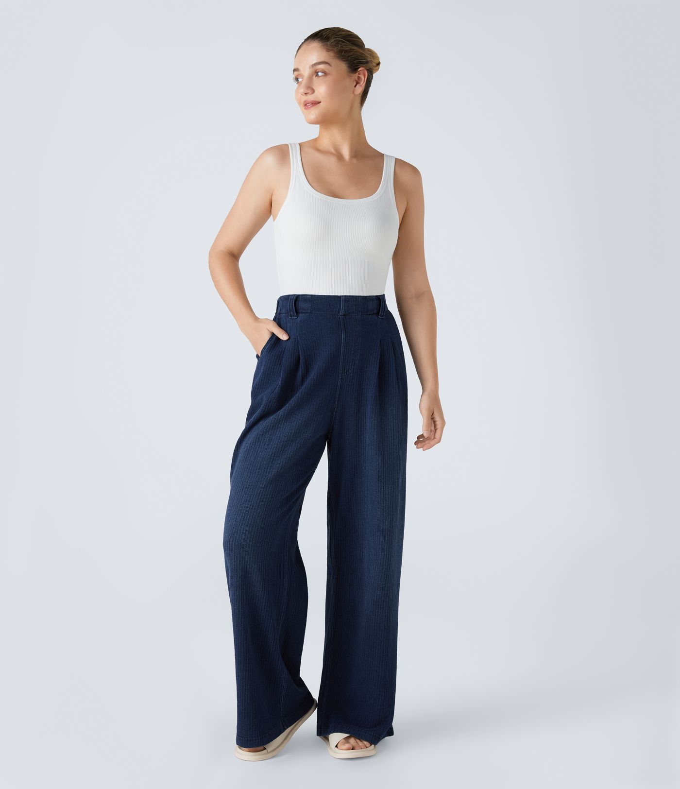 Halara Flex™ 하이웨이스트 주름진 사이드 포켓 와이드 스트레치 니트 캐주얼 청바지