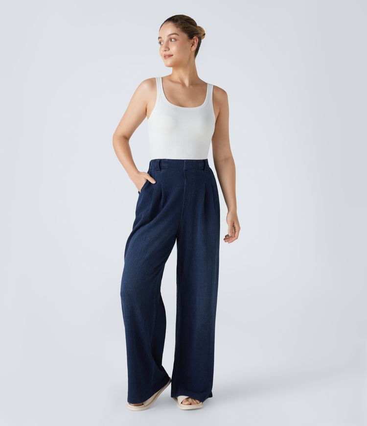 Halara Flex™ High Waisted Pleated Side Pocket Wide Leg Stretch Knit Casual Jeans