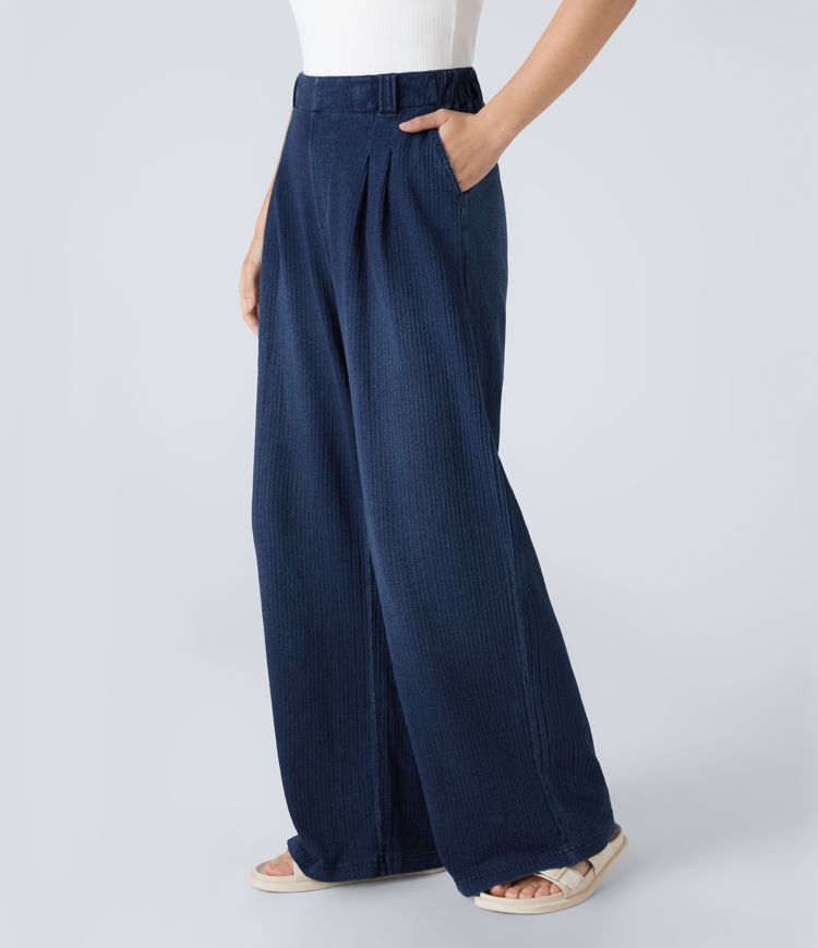 Halara Flex™ High Waisted Pleated Side Pocket Wide Leg Stretch Knit Casual Jeans