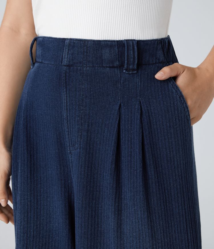 Halara Flex™ High Waisted Pleated Side Pocket Wide Leg Stretch Knit Casual Jeans