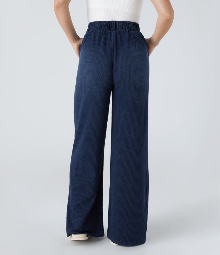 Halara Flex™ High Waisted Pleated Side Pocket Wide Leg Stretch Knit Casual Jeans