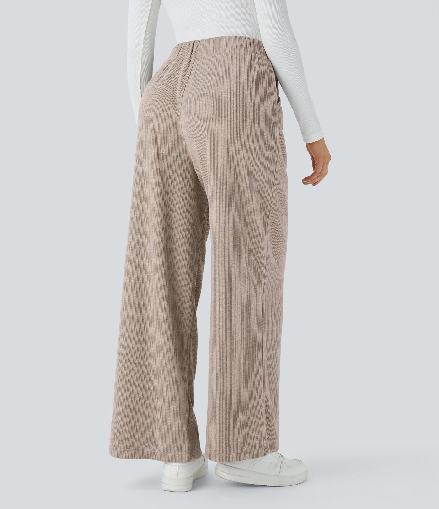 Wide leg trousers with side pocket, pleats, high waist, ribbed