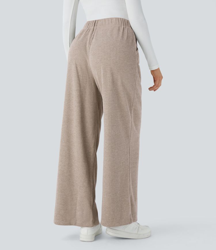 Wide leg trousers with side pocket, pleats, high waist, ribbed