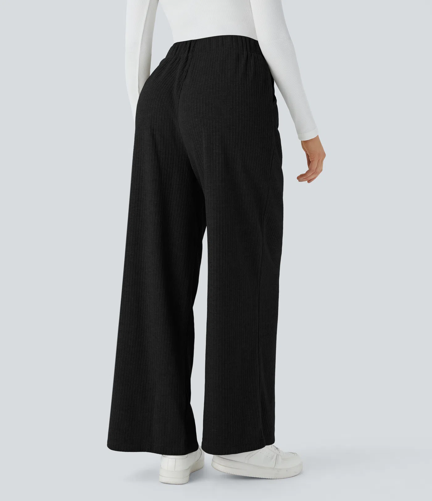 Ribbed High Waisted Plicated Side Pocket Wide Leg Casual Pants