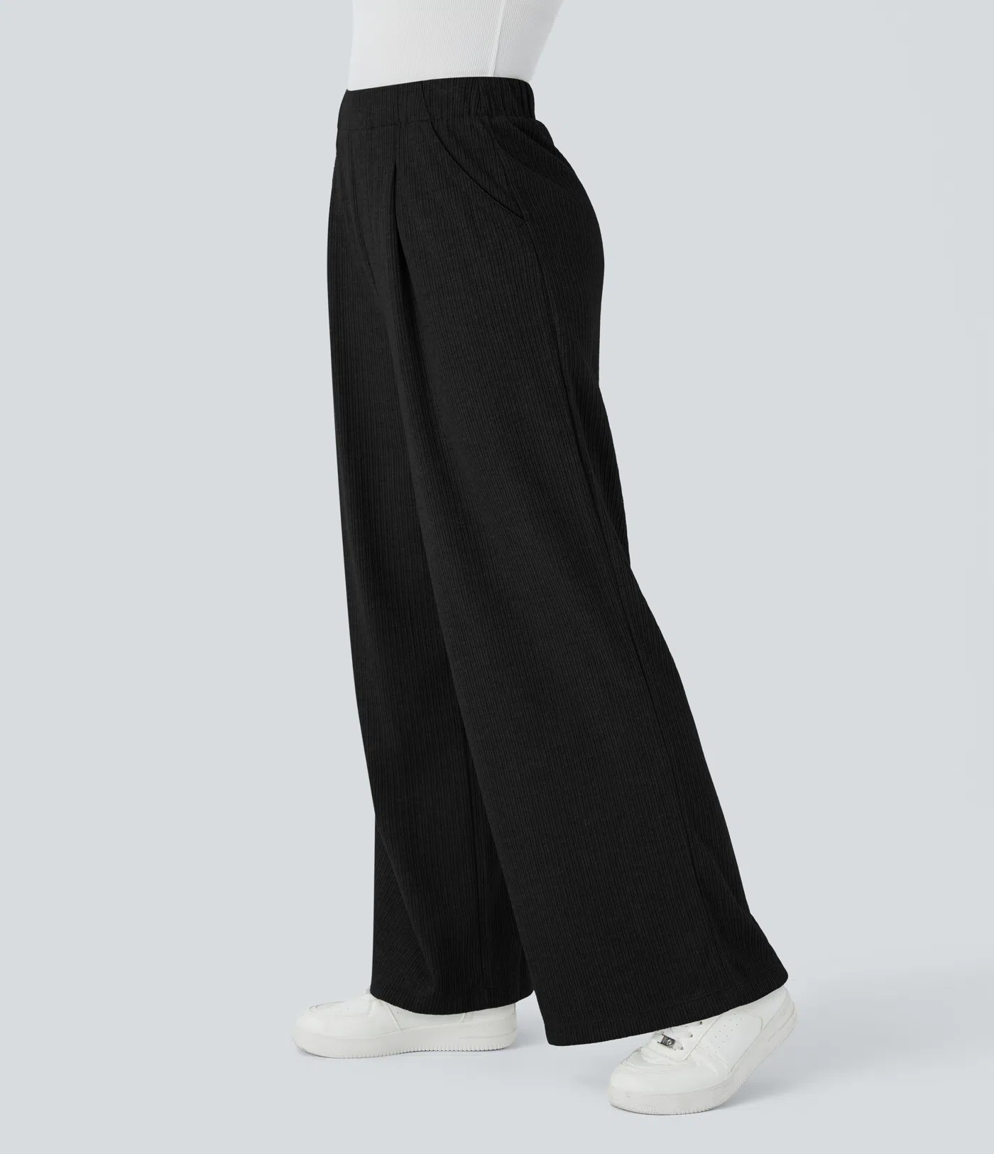 Ribbed High Waisted Plicated Side Pocket Wide Leg Casual Pants