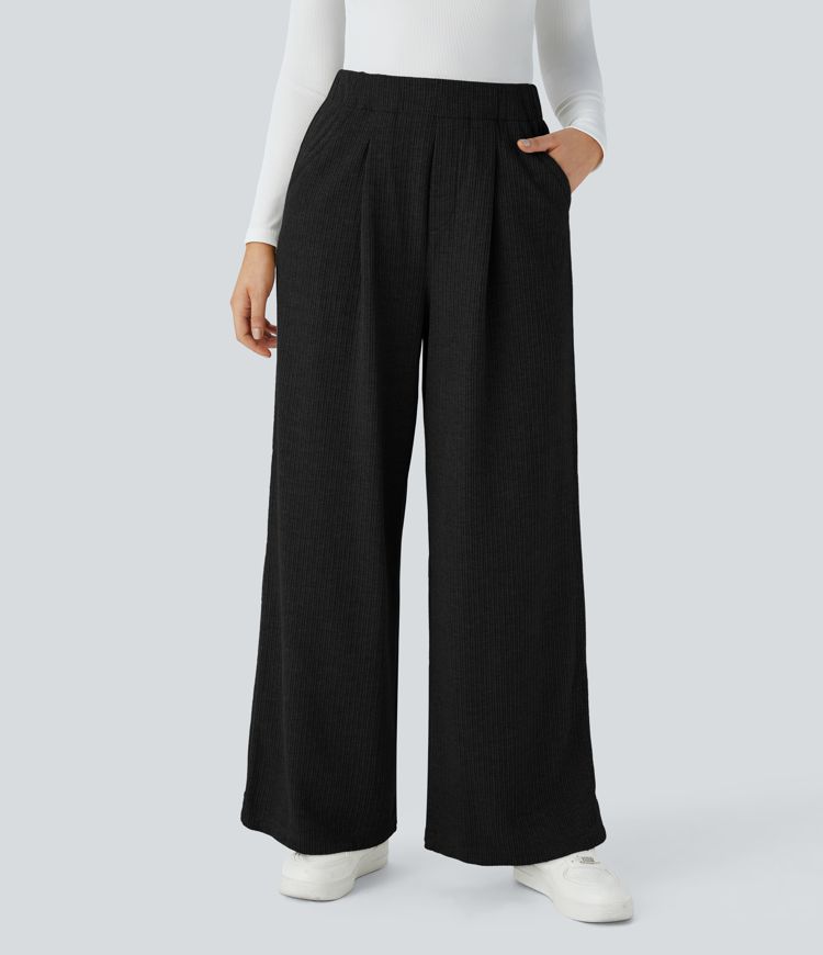 Ribbed High Waisted Pocket Wide Leg Casual Pants