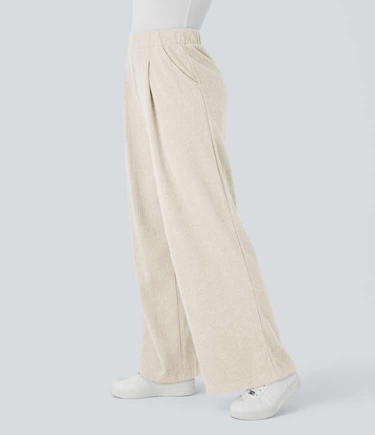Ribbed High Waisted Plicated Side Pocket Wide Leg Casual Pants