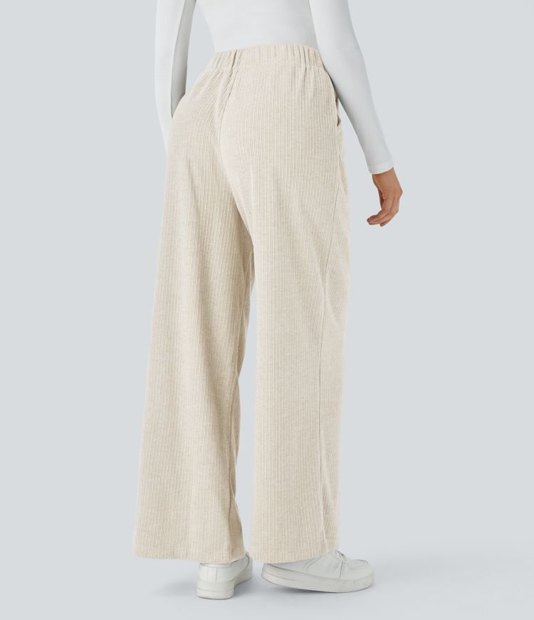 Ribbed High Waisted Plicated Side Pocket Wide Leg Casual Pants